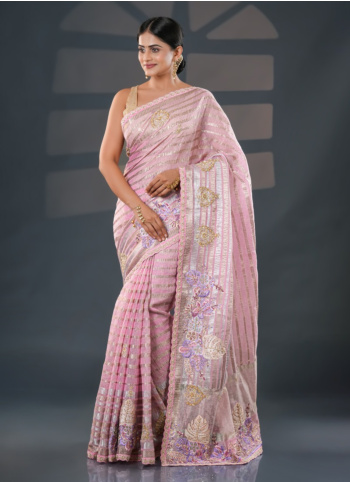 Baby Pink Embroidered Crush Organza Saree