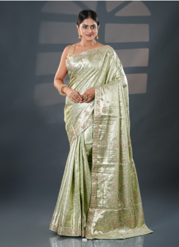 Pista Green Embroidered Kanjivaram Tissue Saree