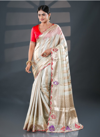 Offwhite And Gold Embroidered Tissue Saree