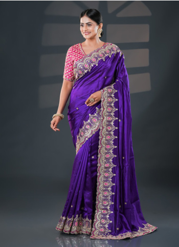 Purple Embroidered Raw Silk Saree