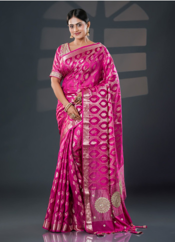 Rani Embroidered Chiniya Fabric Saree With Ready Blouse 