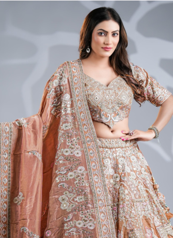 Dark Beige Embroidered Silk Lehenga Choli