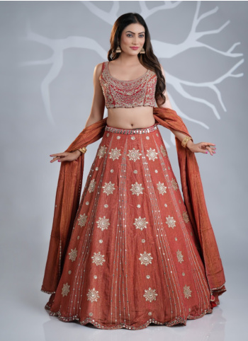 Rust Color Silk Embroidered Lehenga Choli