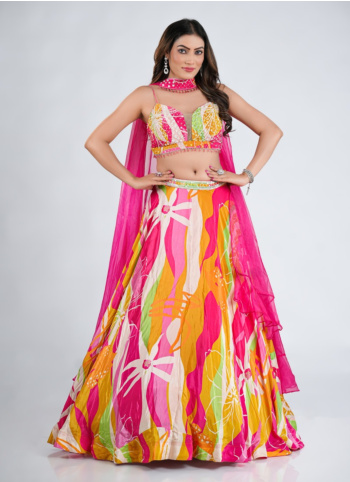Multicolor Floral Printed Crepe Silk Lehenga Choli