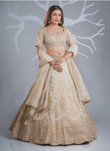 Cream Embroidered Silk Lehenga Choli
