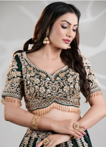 Bottle Green Embroidered  Silk Lehenga Choli