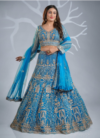 Blue Embroidered Net Lehenga Choli