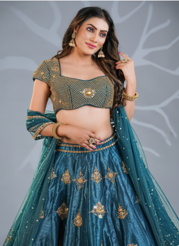 Rama Green Embroidered Raw Silk Lehenga Choli