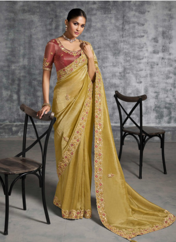 Golden Yellow Embroidered Shimmer Silk Saree