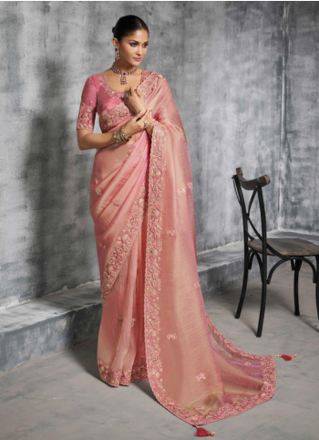 Peach Color Embroidered Organza Saree