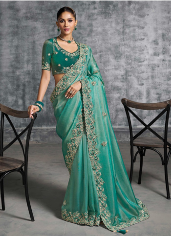 Dark Teal Embroidered Shimmer Silk Saree