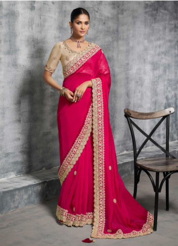 Hot Pink Chiffon Silk Embroidered Saree