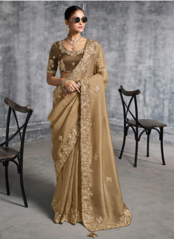 Golden Brown Shimmer Silk Embroidered Saree