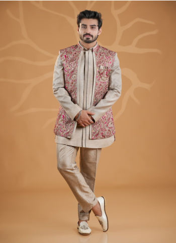 Dark Beige Color Embroidered Indowestern Set In Art Silk 