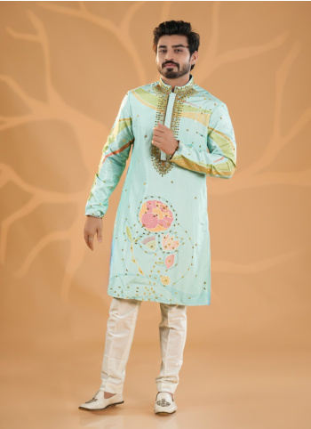 Sky Blue Embroidered Silk Kurta Pajama