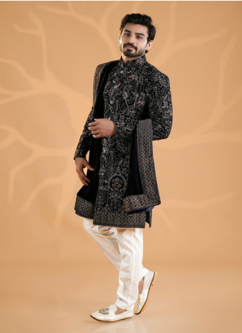 Nav Blue Embroidered Velvet Indowestern Set