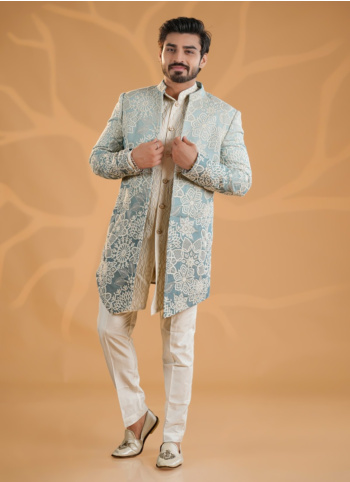 Mint Blue And Off White Indowestern In Chiffon Silk