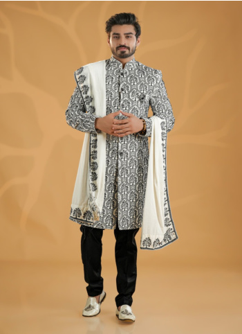 White Velvet Indowestern Set With Dupatta