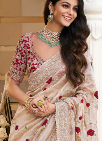 Cream And Golden Embroidered Organza Saree