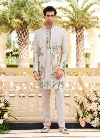Cream Floral Indowestern Set In Raw Silk