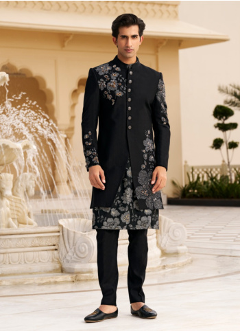 Black Floral Silk Indowestern Set With Jacket 
