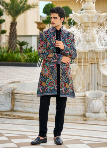 Black Silk Indowestern Set With Floral Embroidered Jacket
