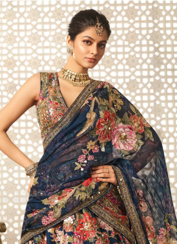 Navy Blue Floral Embroidered Silk Lehenga Choli 