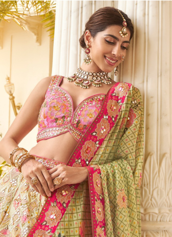 Designer Cream and Pink Embroidered Silk Lehenga Choli  