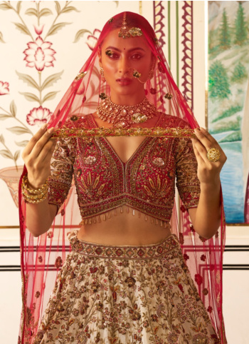 Cream And Red Zardosi Silk Bridal Lehenga Set