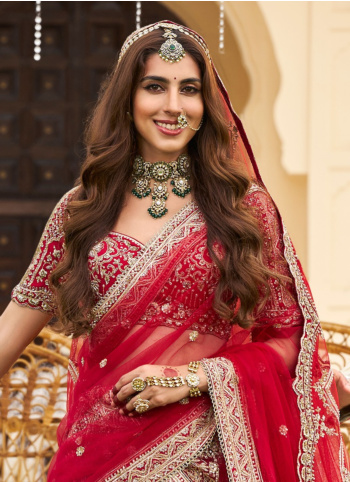 Red Hand Embroidered Silk Lehenga Choli With Double Dupatta
