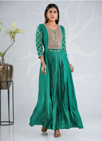 Green Readymade Silk Gown With Dupatta