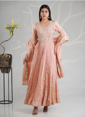 Peach Embroidered Organza Gown With Dupatta