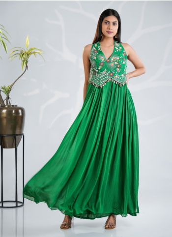 Green Embroidered Gown In Georgette