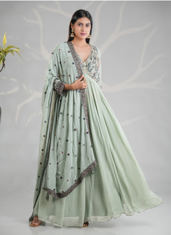 Sea Green Embroidered Gwon With Dupatta 