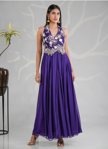 Purple Embroidered Gown In Georgette