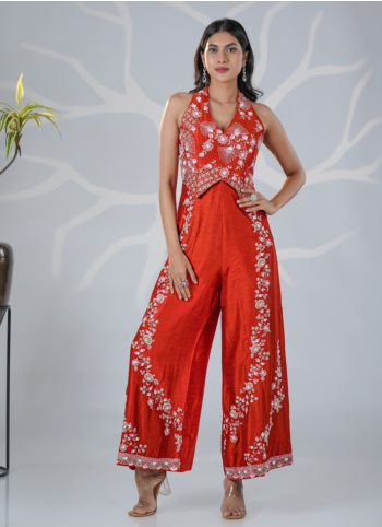 Rust Embroidered Raw Silk Jumpsuit