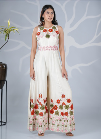Off White Embroidered Raw Silk Jumpsuit