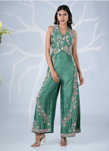 Green Embroidered Raw Silk Jumpsuit