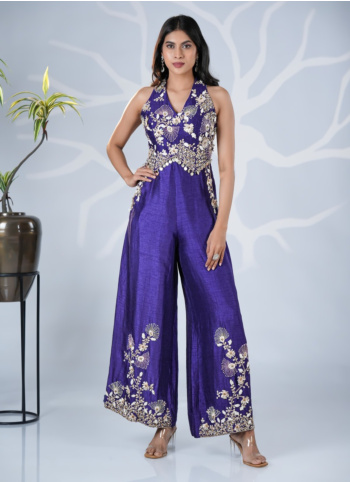Purple Embroidered Raw Silk Jumpsuit