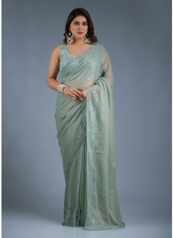 Aqua Embroidered Shimmer Chiffon Saree