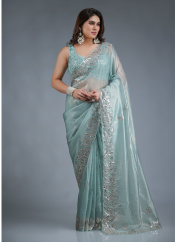 Aqua Embroidered Shimmer Net Saree
