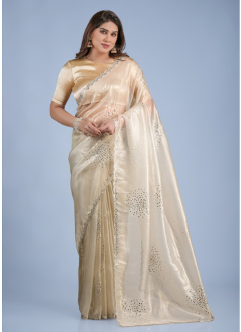 Golden Cream Shimmer Net Saree