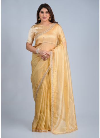 Golden Cream Embroidered Organza Saree