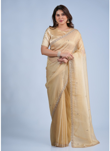 Cream Embroidered Organza Saree