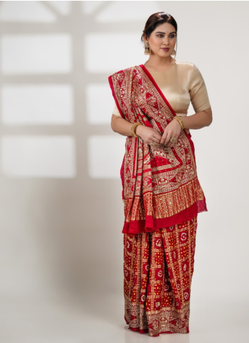 Red Embroidered Gajji Silk Gharchola Saree