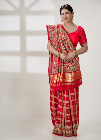 Auspicious Red Embroidered Gajji Silk Gharchola Saree
