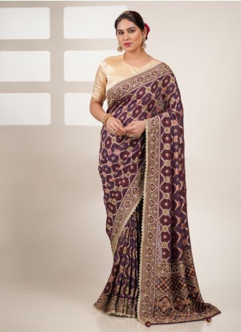 Purple Embroidered Khadi Bandhani Saree