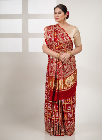 Maroon Embroidered Gajji Silk Gharchola Saree
