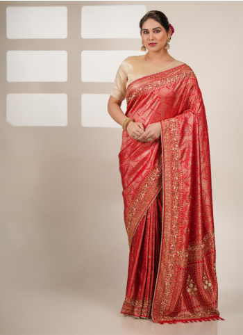 Hot Red Embroidered Kanjivaram Saree