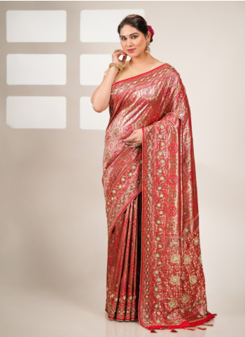 Red And Rust Orange Embroidered Kanjivaram Saree